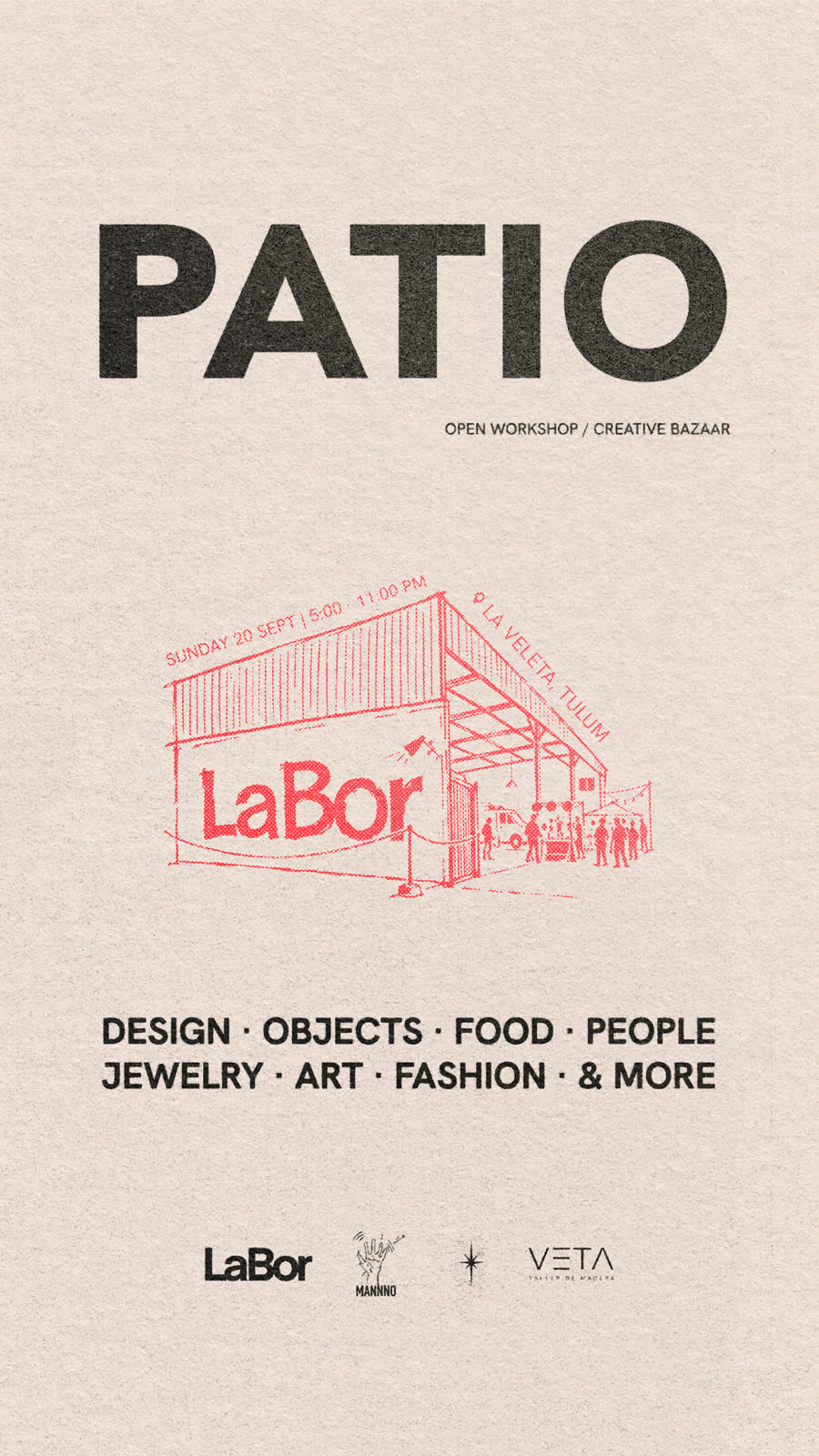 Cartel de PATIO, primera edición del bazar en La Bor: domingo 20 de septiembre de 2026, La Veleta, Tulum